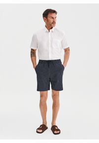 Pako Lorente - PAKO LORENTE - Granatowe spodenki męskie w prążek z lnem. Okazja: na co dzień. Kolor: niebieski. Materiał: len. Wzór: prążki. Styl: casual #5