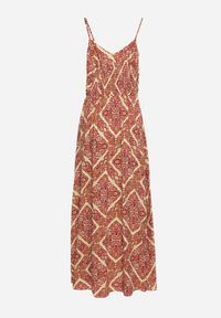 Born2be - Beżowo-Pomarańczowa Wiskozowa Sukienka na Regulowanych Ramiączkach z Gumkami w Pasie Ysilla. Okazja: na co dzień. Typ kołnierza: dekolt w kształcie V. Kolor: beżowy. Materiał: wiskoza. Długość rękawa: na ramiączkach. Sezon: lato. Styl: klasyczny, casual #2