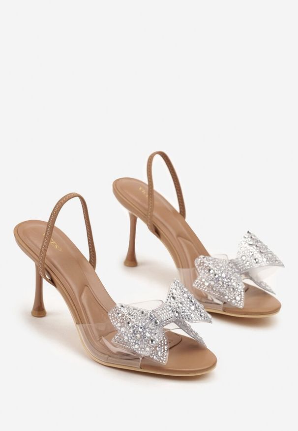 Born2be - Brązowe Przezroczyste Sandały Vices na Szpilce z Kokardą z Cyrkonii Fenasela. Okazja: na randkę. Kolor: brązowy. Obcas: na szpilce. Styl: wizytowy, elegancki