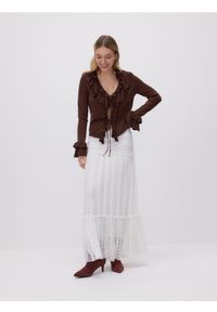 Reserved - Wiązany kardigan z falbankami - brązowy. Typ kołnierza: kołnierz z falbankami. Kolor: brązowy. Materiał: dzianina. Wzór: gładki #1