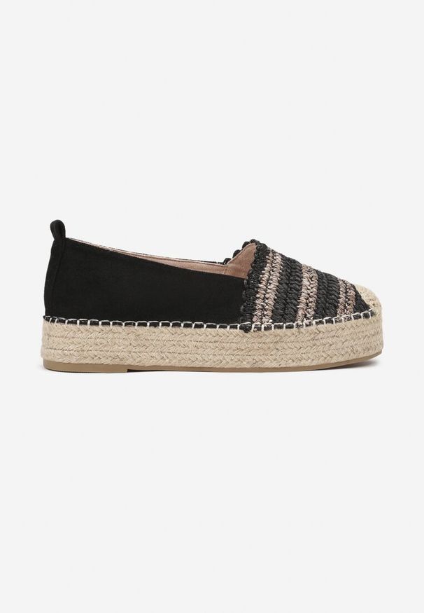 Renee - Czarne Espadryle na Platformie Ozdobione Plecionką w Stylu Boho Lelisse. Okazja: na co dzień. Kolor: czarny. Wzór: aplikacja. Sezon: lato. Obcas: na platformie. Styl: boho