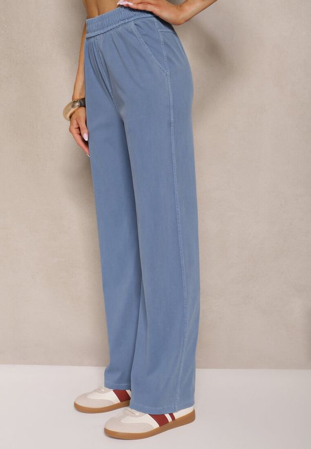Renee - Niebieskie Szerokie Spodnie High Waist z Wiskozą Linowena. Okazja: na co dzień. Stan: podwyższony. Kolor: niebieski. Materiał: wiskoza. Styl: elegancki, casual