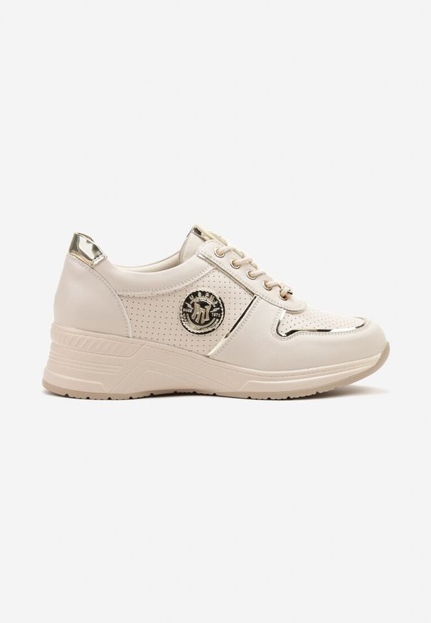 Born2be - Beżowe Sneakersy z Metalicznymi Ozdobami Yaslevi. Okazja: na co dzień. Zapięcie: sznurówki. Kolor: beżowy. Materiał: jeans. Wzór: aplikacja