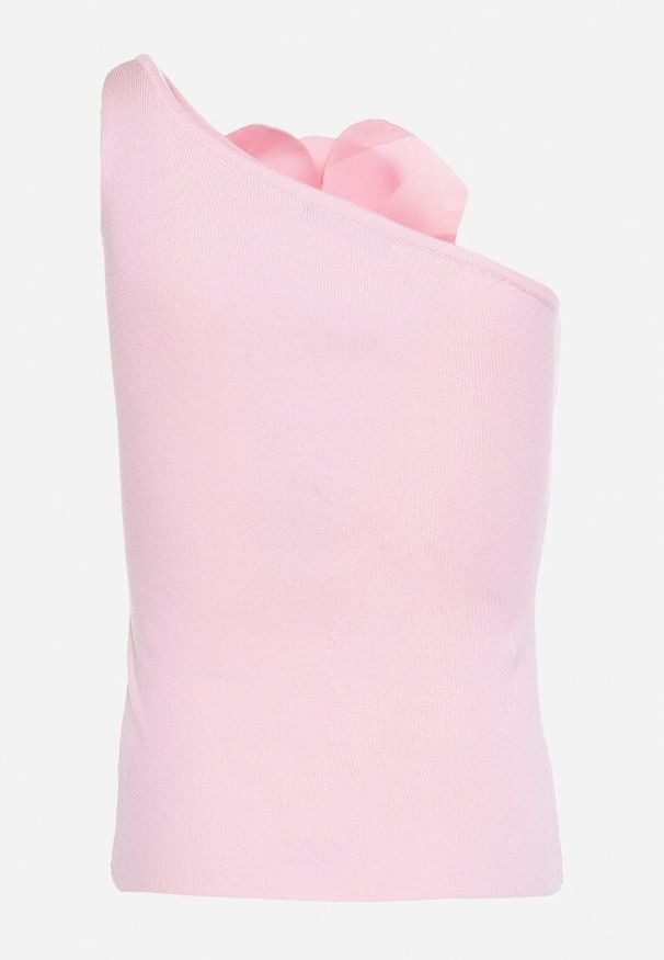Born2be - Różowy Top bez Rękawów z Asymetrycznym Dekoltem z Dużą Aplikacją w Kształcie Kwiatka Vernia. Kolor: różowy. Materiał: jeans. Długość rękawa: bez rękawów. Wzór: aplikacja, kwiaty. Styl: klasyczny