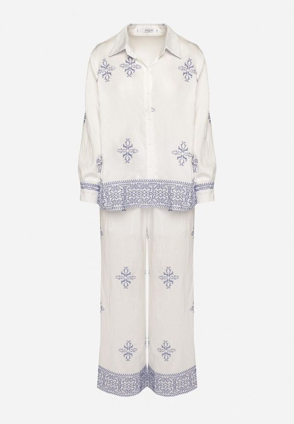 Born2be - Biały Komplet z Wiskozy Zdobiony Haftem Koszula i Spodnie Iffria. Kolor: biały. Materiał: wiskoza. Wzór: aplikacja, haft