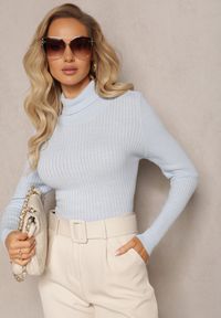 Renee - Niebieski Klasyczny Golf z Prążkowanego Materiału Belikorre. Okazja: na co dzień. Typ kołnierza: golf. Kolor: niebieski. Materiał: materiał, prążkowany. Styl: klasyczny #5