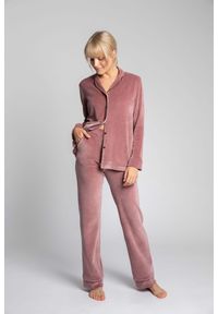 MOE - Welurowe Spodnie od Piżamy z Kontrastowymi Lamówkami - Różowe. Kolor: różowy. Materiał: welur #1