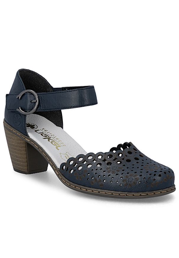 Skórzane sandały damskie na słupku komfortowe ażurowe granat Rieker 40902-14. Materiał: skóra. Wzór: ażurowy. Obcas: na słupku
