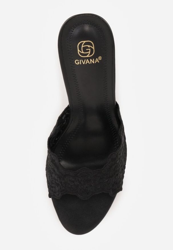 Renee - Czarne Klapki na Metalicznej Szpilce z Koronką Theiseusa. Kolor: czarny. Materiał: koronka. Wzór: koronka. Styl: elegancki