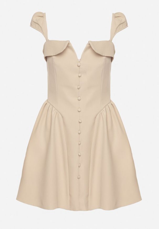 Born2be - Beżowa Rozkloszowana Sukienka z Ozdobnym Dekoltem i Guzikami Salasesia. Okazja: na co dzień. Typ kołnierza: dekolt kwadratowy. Kolor: beżowy. Styl: casual, elegancki