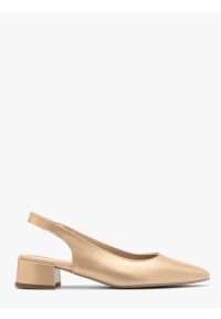 Ryłko - Złote czółenka damskie z otwartą piętą typu slingback. Nosek buta: otwarty. Kolor: złoty. Materiał: skóra. Szerokość cholewki: normalna. Obcas: na obcasie. Styl: street. Wysokość obcasa: średni