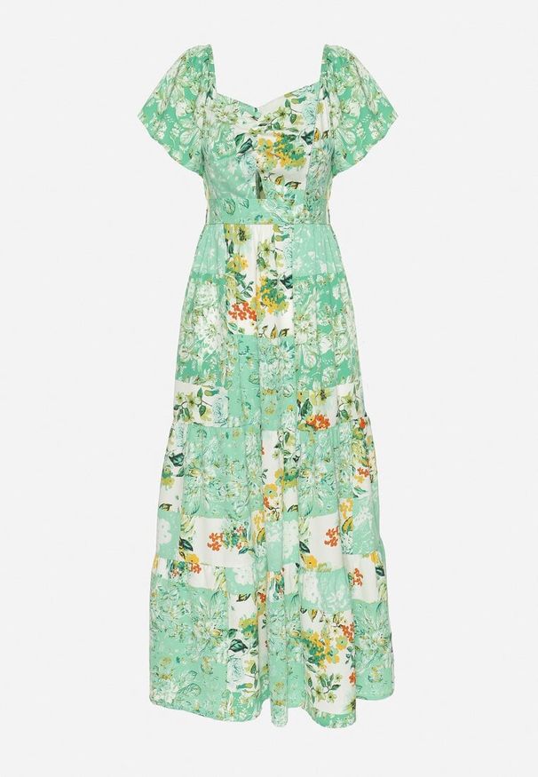 Born2be - Zielona Sukienka z Gumką w Pasie Ozdobiona Falbanką Guzikami i Wiązaniem na Plecach Dimiila. Okazja: na co dzień. Typ kołnierza: kołnierz z falbankami. Kolor: zielony. Długość rękawa: krótki rękaw. Wzór: aplikacja. Sezon: lato. Styl: casual