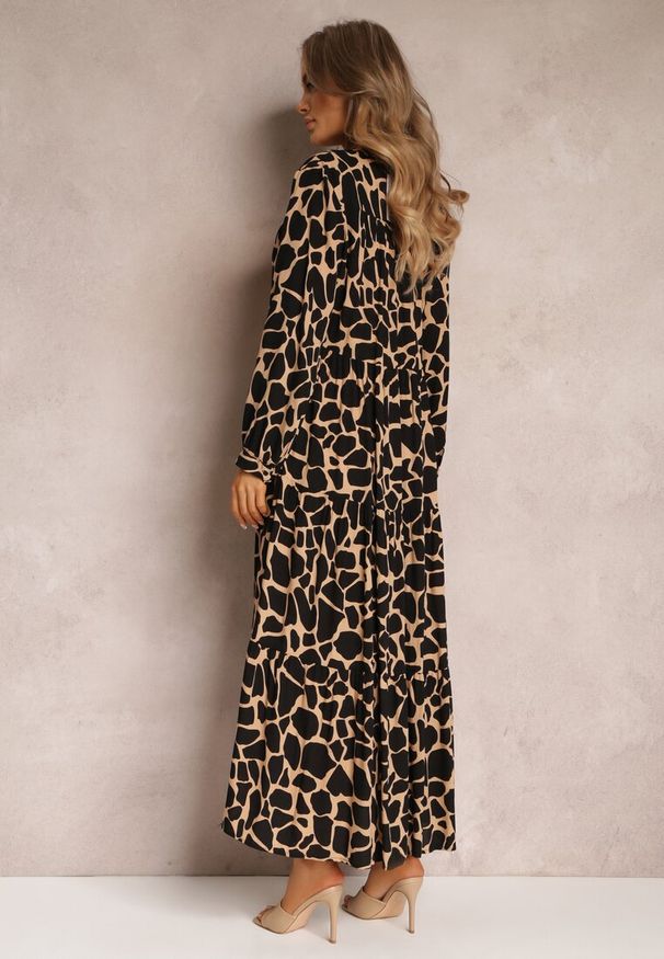 Renee - Czarno-Beżowa Sukienka Metestra. Kolor: beżowy. Długość rękawa: długi rękaw. Wzór: nadruk. Styl: klasyczny