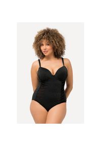 ULLA POPKEN - Damski Kostium kąpielowy miękkie miseczki z fiszbinami brokat ozdobne paseczki. Kolekcja: plus size. Kolor: czarny. Materiał: materiał