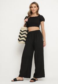 Born2be - Czarne Szerokie Spodnie Typu Palazzo z Wysokim Stanem Sellevia. Okazja: na co dzień. Stan: podwyższony. Kolor: czarny. Styl: klasyczny, elegancki, casual #4