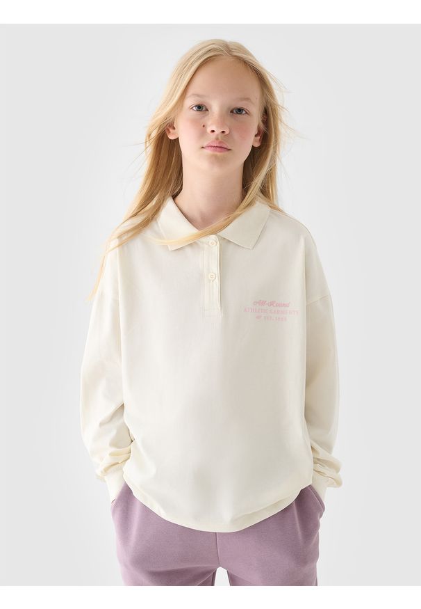 4f - 4F Longsleeve gładki dziewczęcy - biały 134 (8-9 lat). Okazja: na co dzień. Typ kołnierza: kołnierzyk klasyczny. Kolor: biały. Długość: długie. Wzór: gładki. Materiał: dzianina, bawełna, jersey. Długość rękawa: długi rękaw. Sezon: lato. Styl: klasyczny, sportowy, casual