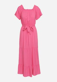 Born2be - Ciemnoróżowa Sukienka z Wiskozy Telephanassa. Typ kołnierza: dekolt hiszpanka. Kolor: różowy. Materiał: wiskoza. Długość rękawa: krótki rękaw. Wzór: gładki. Typ sukienki: rozkloszowane. Długość: maxi #7