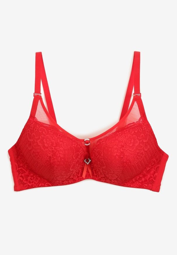 Born2be - Czerwony Biustonosz Koronkowy Typu Push-Up z Metalową Ozdobą Chrissty. Kolor: czerwony. Materiał: koronka. Rodzaj stanika: push-up. Wzór: aplikacja