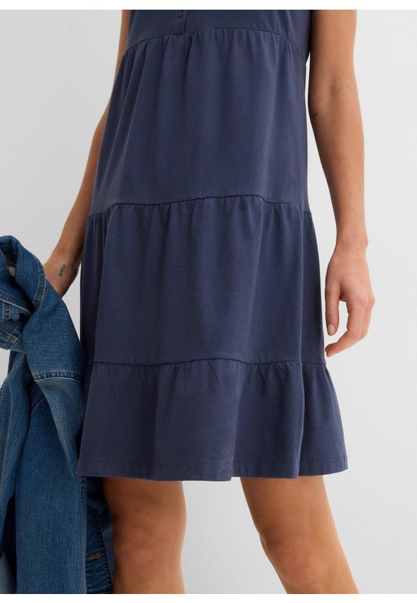 bonprix - Krótka sukienka z bawełnianego dżerseju. Kolor: niebieski. Materiał: jersey, bawełna. Długość rękawa: krótki rękaw. Sezon: lato. Długość: mini