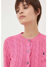 Polo Ralph Lauren kardigan bawełniany damski kolor różowy. Typ kołnierza: polo. Kolor: różowy. Materiał: bawełna. Długość rękawa: długi rękaw. Długość: długie. Wzór: ze splotem #3