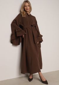Born2be - Brązowa Wiskozowa Sukienka Koszulowa z Falbanami przy Rękawach i Paskiem Dinirae. Okazja: na co dzień. Kolor: brązowy. Materiał: wiskoza. Typ sukienki: koszulowe. Styl: casual, klasyczny #8