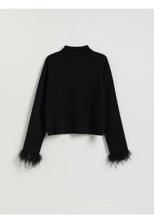 Reserved - Sweter z piórami - czarny. Kolor: czarny. Materiał: dzianina, wełna