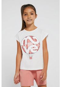 Mayoral T-shirt bawełniany dziecięcy kolor beżowy. Okazja: na co dzień. Kolor: beżowy. Materiał: bawełna. Wzór: nadruk. Styl: casual