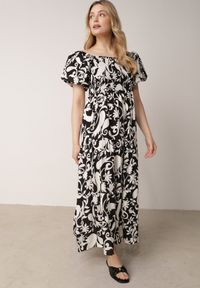Born2be - Czarna Rozkloszowana Sukienka z Wiskozy z Bufiastymi Rękawami w Roślinny Wzór Semea. Okazja: na co dzień, do pracy, na spotkanie biznesowe. Kolor: czarny. Materiał: wiskoza. Sezon: lato. Typ sukienki: rozkloszowane, proste. Styl: casual, biznesowy. Długość: maxi #6