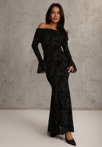 Renee - Czarna Wizytowa Sukienka VICES Off Shoulder z Kwiatowym Wzorem z Weluru Adrakharei. Okazja: na imprezę. Kolor: czarny. Materiał: welur. Wzór: kwiaty. Styl: wizytowy #5
