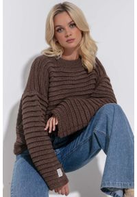 Fobya - Luźny Sweter w Prążkowany Wzór - Fioletowy. Kolor: fioletowy. Materiał: prążkowany
