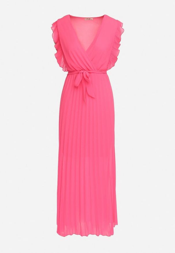 Born2be - Różowa Plisowana Sukienka Maxi Wiskozowa z Kopertowym Dekoltem i Falbankami Glimes. Typ kołnierza: kołnierz z falbankami. Kolor: różowy. Materiał: wiskoza. Typ sukienki: kopertowe. Długość: maxi
