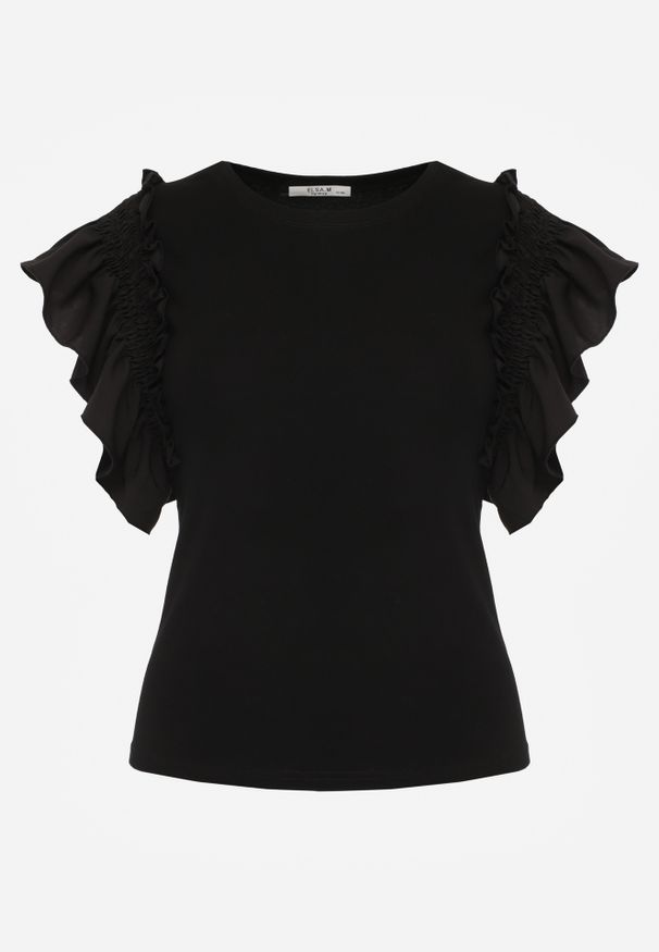 Renee - Czarna Bluzka Dislie. Kolor: czarny. Materiał: dzianina, bawełna, jeans. Wzór: kwiaty, gładki. Sezon: lato. Styl: elegancki