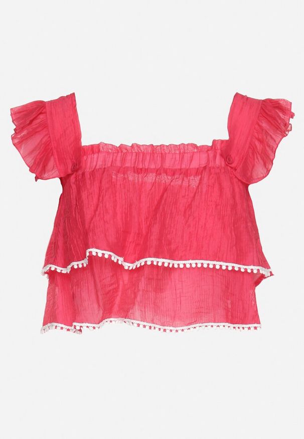 Born2be - Fuksjowy Top na Ramiączkach z Możliwością Odpięcia Ozdobiony Falbanką Neveviana. Okazja: na co dzień. Typ kołnierza: dekolt w serek, kołnierz z falbankami. Kolor: różowy. Długość rękawa: na ramiączkach. Wzór: aplikacja. Sezon: lato. Styl: casual
