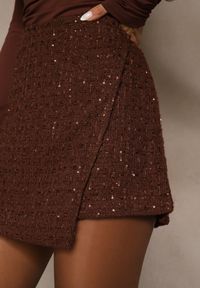 Renee - Brązowe Cekinowe Spódnico-Szorty z Wełną Fedalia. Okazja: na imprezę. Kolor: brązowy. Materiał: wełna. Wzór: aplikacja #3