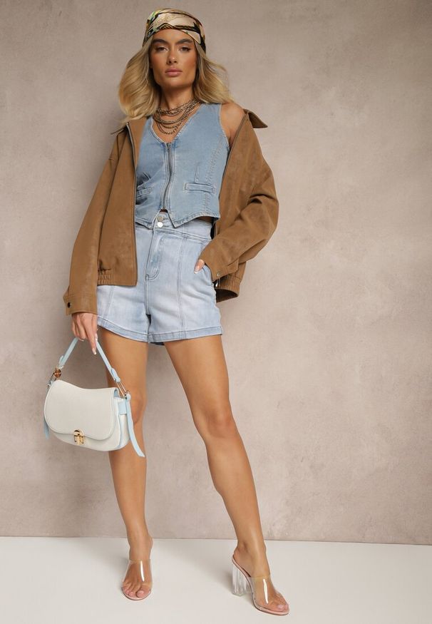 Renee - Niebieskie Szorty Jeansowe z Bawełną High Waist i Przeszyciami Tiledia. Okazja: na co dzień. Stan: podwyższony. Kolor: niebieski. Materiał: bawełna, jeans. Sezon: lato. Styl: klasyczny, casual