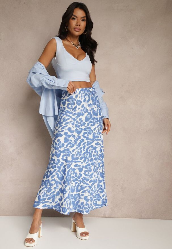 Renee - Niebiesko-Beżowa Panterkowa Spódnica z Wiskozy High Waist Fevirellea. Okazja: na co dzień, na spacer. Stan: podwyższony. Kolor: niebieski. Materiał: wiskoza. Wzór: motyw zwierzęcy. Styl: casual, elegancki