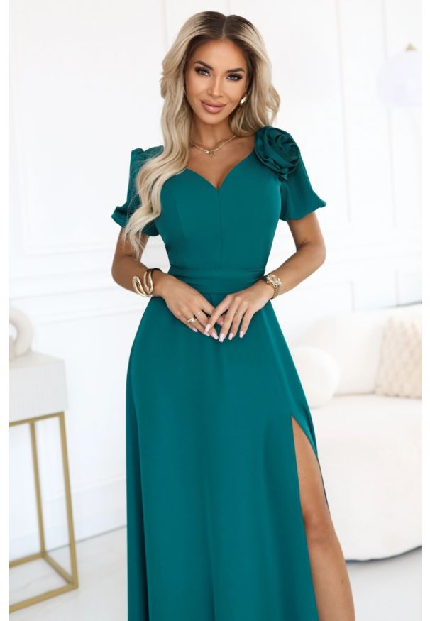 Numoco - Długa suknia wieczorowa rozkloszowana butelkowa zieleń. Okazja: na studniówkę, na ślub cywilny, na wesele, na imprezę. Styl: wizytowy. Długość: maxi