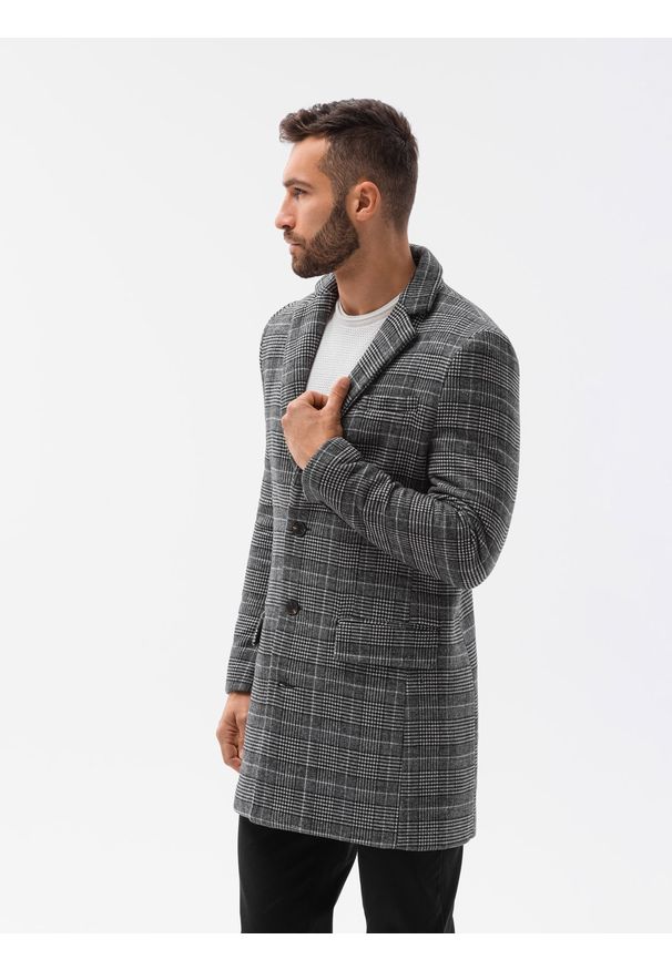Ombre Clothing - Jednorzędowy płaszcz męski w kratę - czarny V2 C499 - XXL. Kolor: czarny. Materiał: poliester, akryl