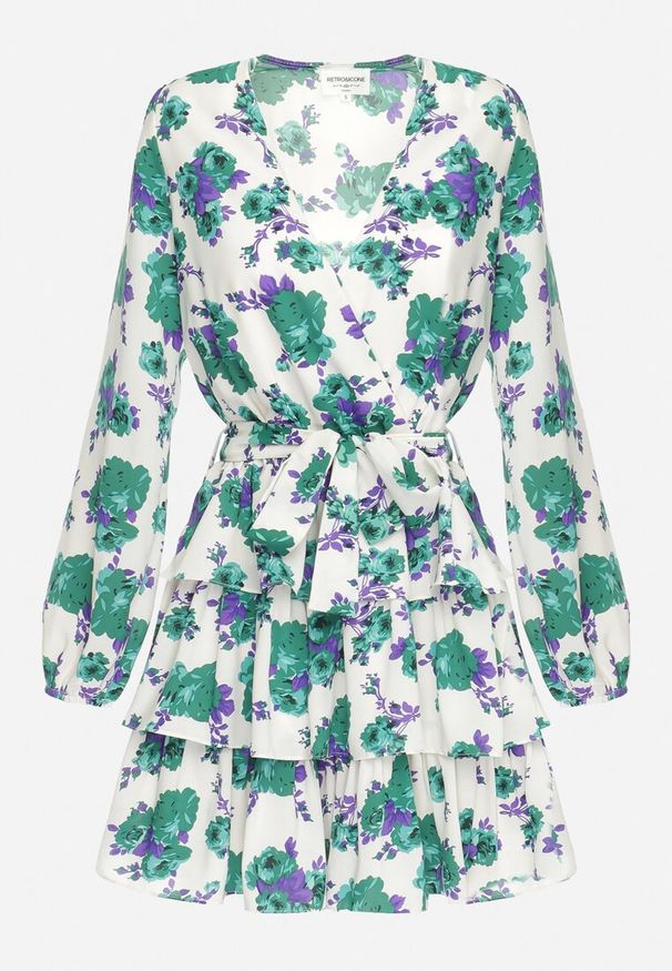 Born2be - Biało-Zielona Sukienka Mini w Kwiaty z Kopertowym Dekoltem i Falbankami oraz Paskiem Siboria. Typ kołnierza: kołnierz z falbankami. Kolor: biały. Wzór: kwiaty. Typ sukienki: kopertowe. Długość: mini