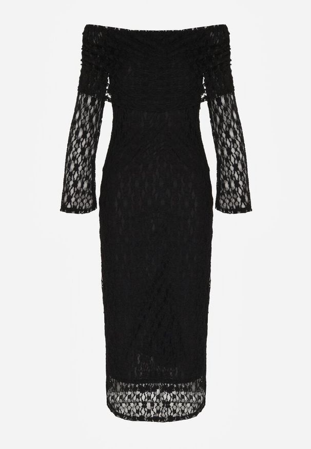Born2be - Czarna Koktajlowa Sukienka z Odkrytymi Ramionami z Koronki Eperrie. Kolor: czarny. Materiał: koronka. Wzór: koronka. Typ sukienki: z odkrytymi ramionami. Styl: wizytowy