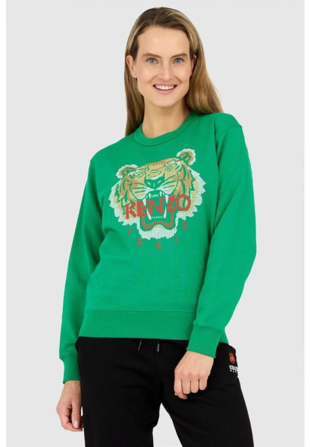 Kenzo - KENZO Zielona bluza damska z krzyżykowym tygrysem. Kolor: zielony