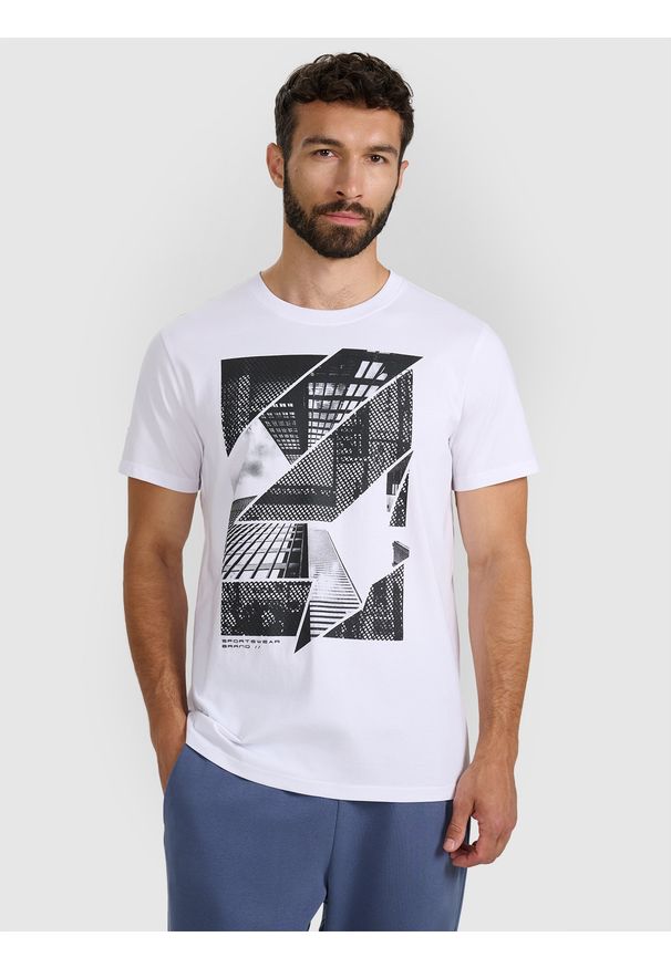 4f - 4F T-shirt regular z nadrukiem męski - biały L. Kolor: biały. Materiał: materiał, bawełna, skóra, włókno. Wzór: nadruk. Styl: klasyczny
