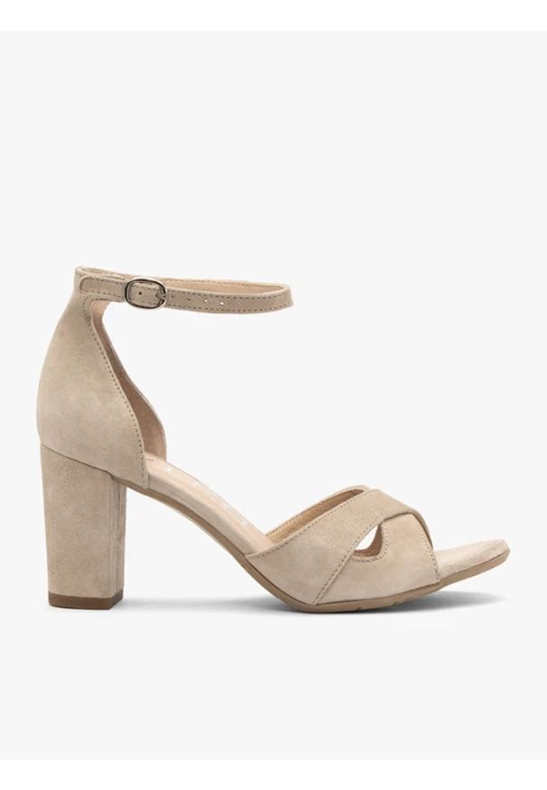 Ryłko - Beżowe sandały damskie na obcasie. Zapięcie: sprzączka. Kolor: beżowy. Materiał: welur, skóra. Obcas: na obcasie. Styl: street, elegancki. Wysokość obcasa: średni