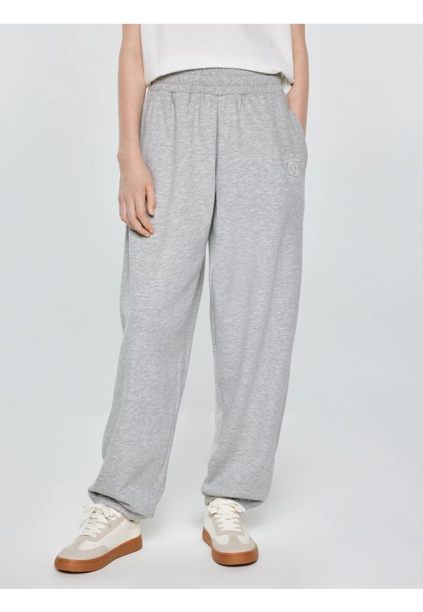Big-Star - Spodnie dziewczęce dresowe jasnoszare Monara 901. Okazja: na co dzień. Kolor: szary. Materiał: dresówka. Wzór: aplikacja, haft. Styl: sportowy, casual, młodzieżowy
