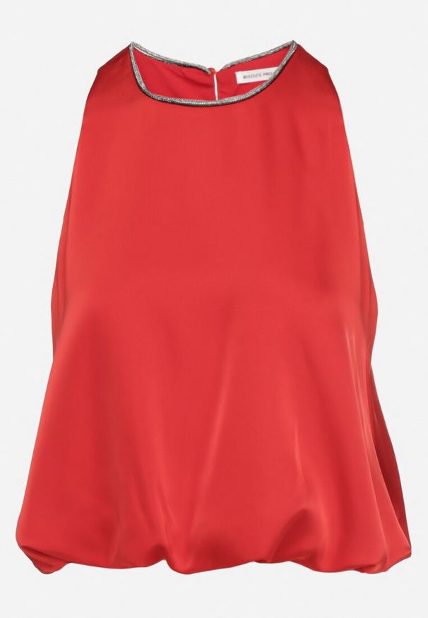 Born2be - Czerwona Bluzka Bez Rękawów o Bufiastym Kroju z Brokatowym Zdobieniem Alathra. Okazja: do pracy, na spotkanie biznesowe. Kolor: czerwony. Materiał: jeans. Długość rękawa: bez rękawów. Wzór: aplikacja. Styl: elegancki, biznesowy