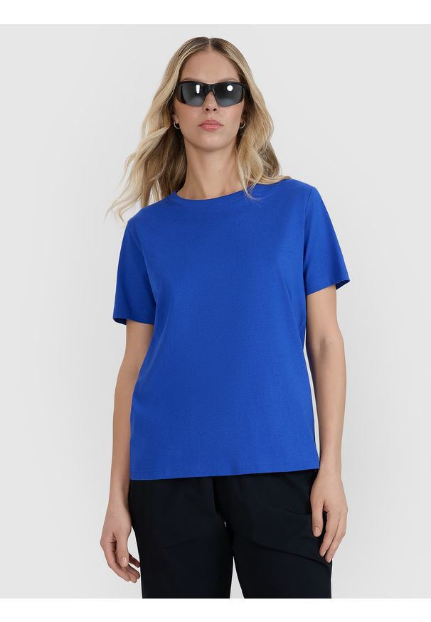 4f - 4F T-shirt oversize z nadrukiem damski - niebieski S. Okazja: na co dzień. Kolor: niebieski. Materiał: dzianina, bawełna, jersey. Długość rękawa: krótki rękaw. Długość: krótkie. Wzór: nadruk. Styl: klasyczny, sportowy, casual