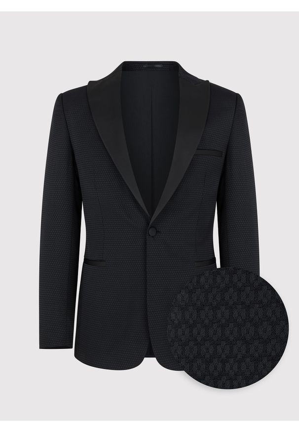 Pako Lorente - PAKO LORENTE – Czarna marynarka smokingowa w mikrowzór. Okazja: na sylwestra, na wesele, na ślub cywilny. Kolor: czarny. Materiał: poliester, wiskoza