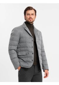 Ombre Clothing - Kurtka męska o kroju marynarki z podpinką – szara V1. Kolor: czarny. Materiał: syntetyk, materiał. Wzór: melanż. Styl: elegancki