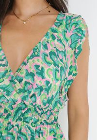 Born2be - Jasnozielona Sukienka z Wiskozy i Gumką w Talii Azreve. Kolor: zielony. Materiał: wiskoza. Długość rękawa: bez rękawów. Wzór: kwiaty, nadruk. Długość: mini #3
