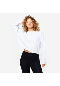 DOMYOS - Bluza damska Domyos Gym & Pilates crop top. Kolor: szary. Materiał: tkanina, bawełna, elastan, prążkowany, materiał. Długość: krótkie. Sport: joga i pilates #1